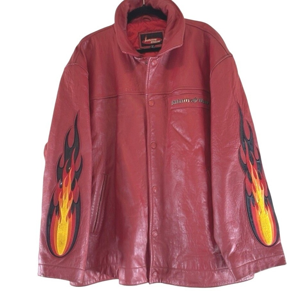 Johnny‎ Blaze Red Leather Flame Jacket Men's Size XL Motorcycle Biker Style